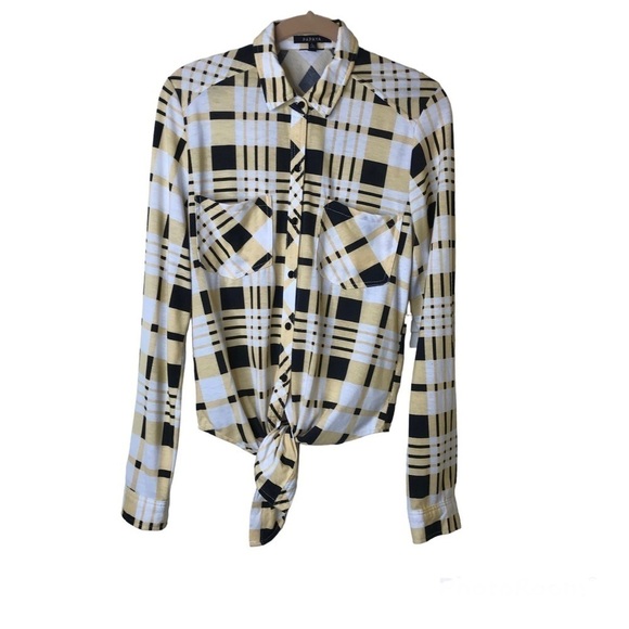 Papaya Button‎ Front Shirt Sz L Yellow Black Plaid Roll Tab Long Sleeve Stretch - Picture 1 of 10